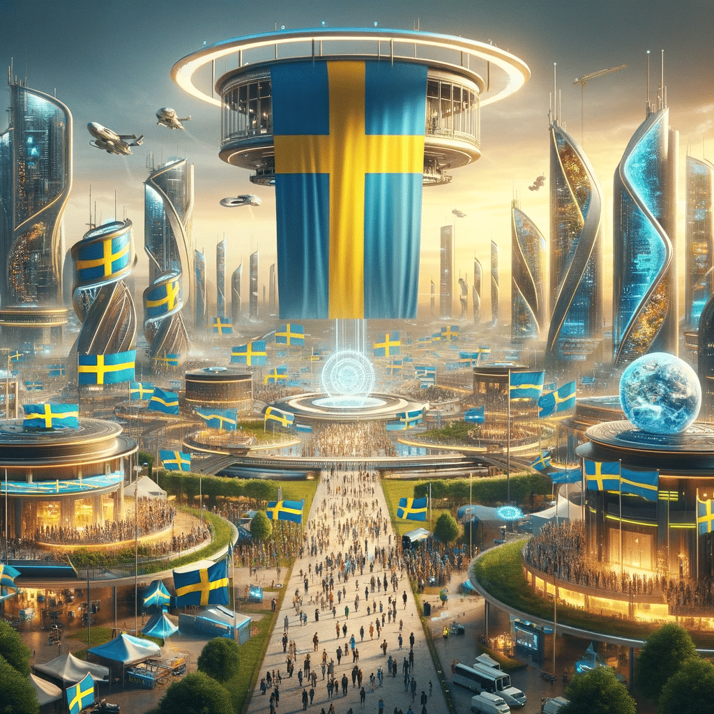 Futuristisk stad med svenska flaggor.