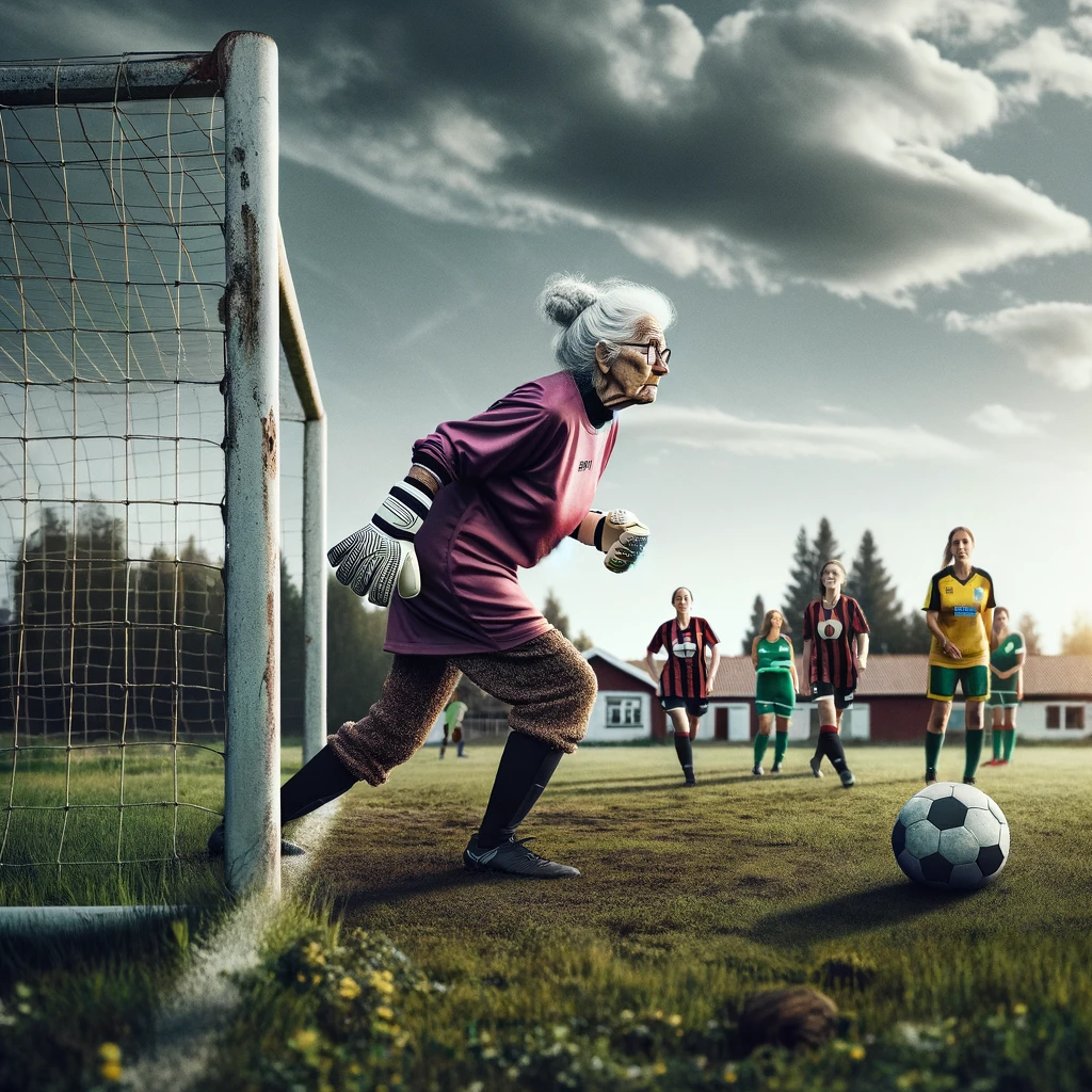 Äldre målvakt spelar fotboll.