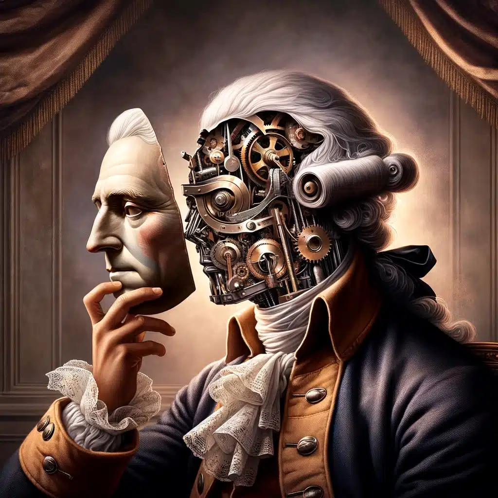 Illustration av person med mekaniskt ansikte.