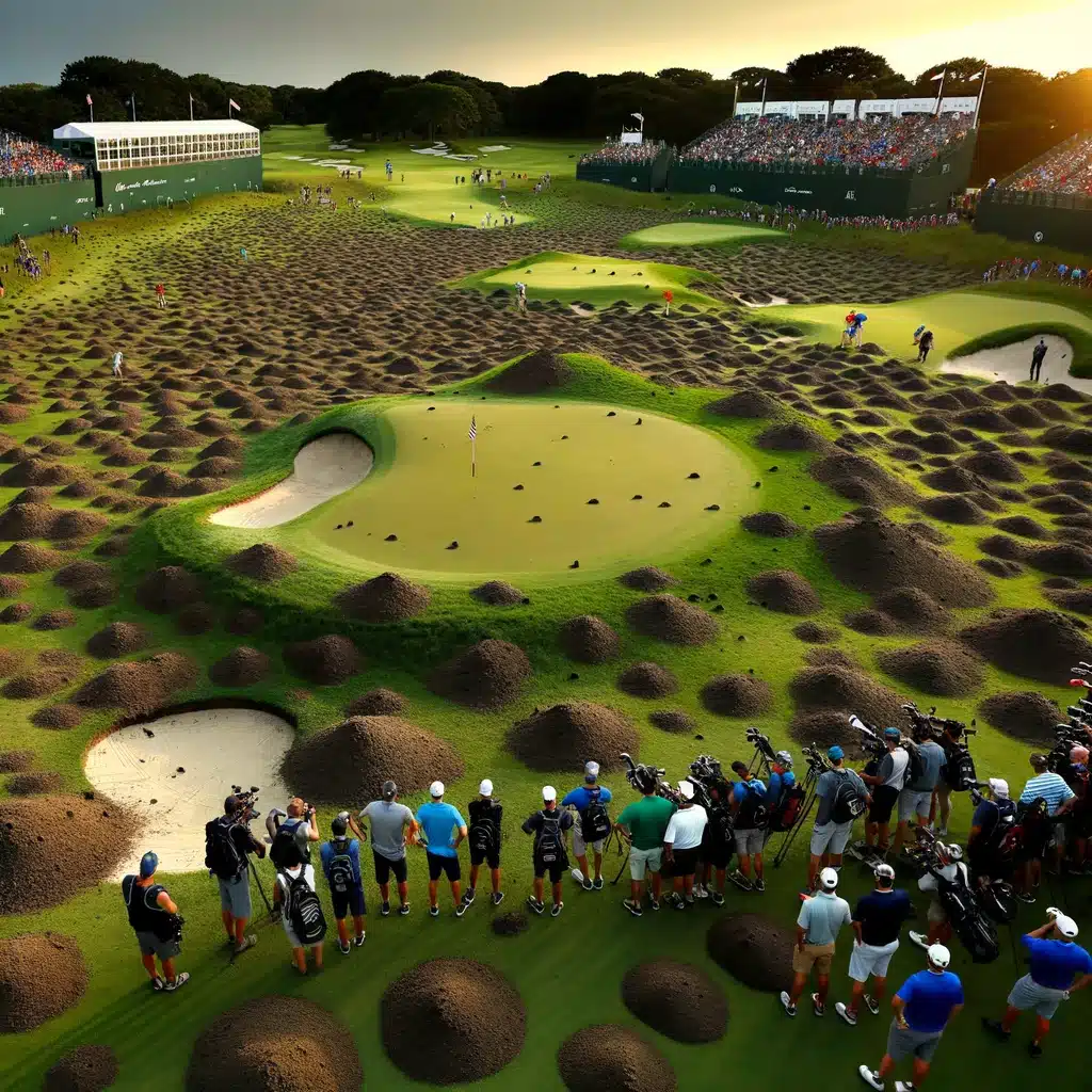 Golfturnering med publik och sandbunkrar.