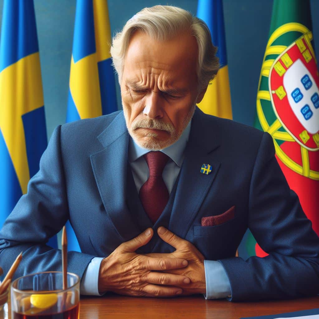 Bekymrad äldre herre med svenska och portugisiska flaggor.