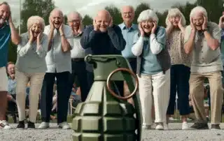 Grupp äldre skrattar bakom handgranat.