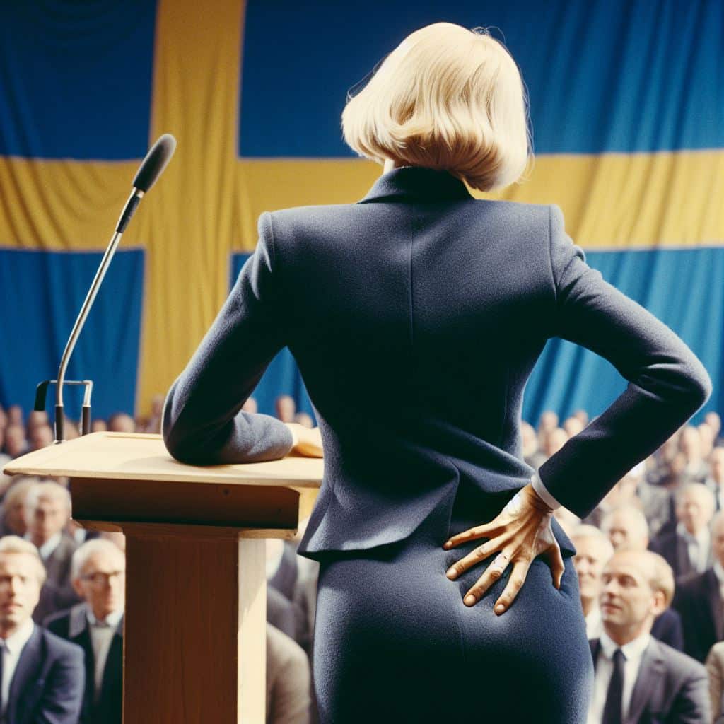 Kvinna talar vid podiet, svensk flagga bakom.