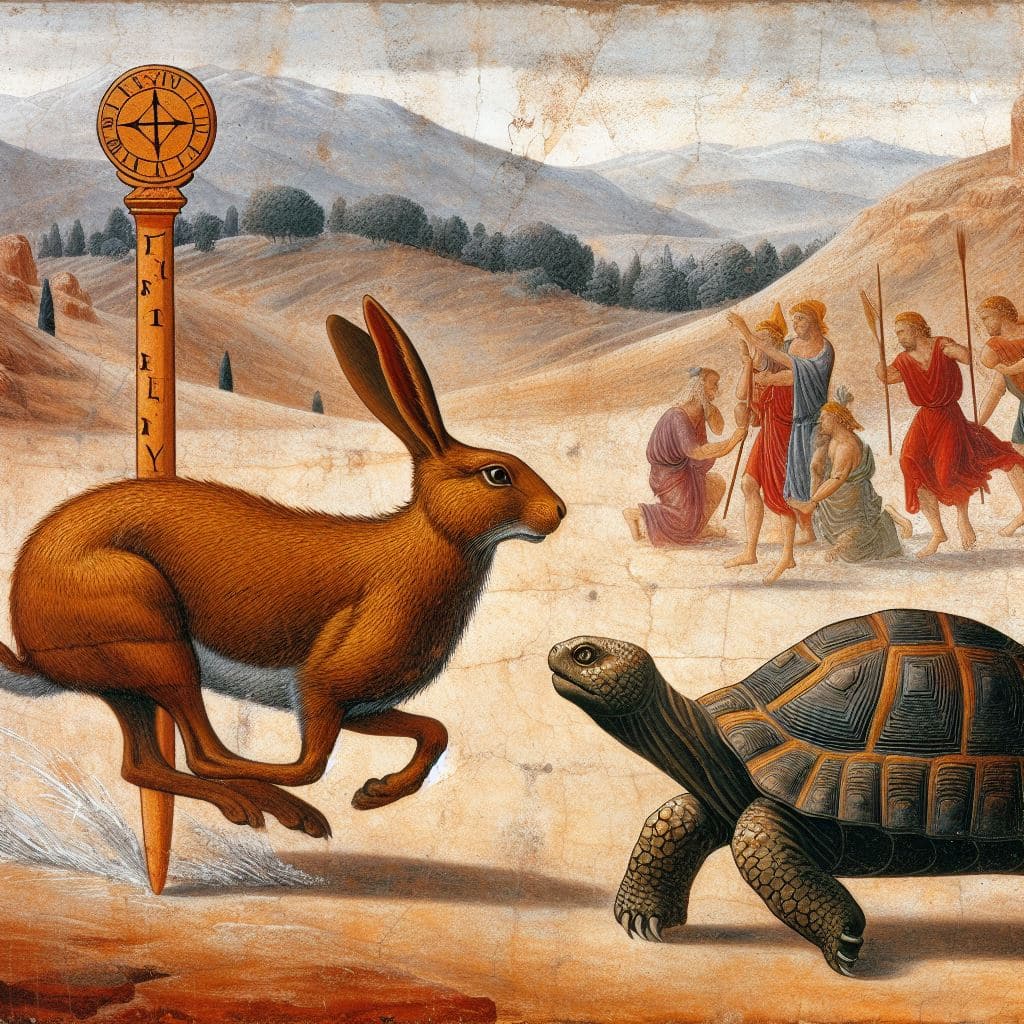Sköldpadda och hare i kapplöpningsmålning.