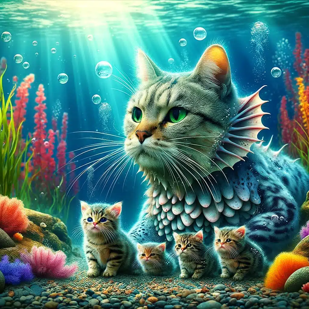 Katt med fiskfjäll och kattungar under vatten.