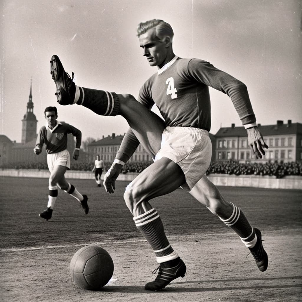 Fotbollsspelare skjuter boll, svartvit bild.