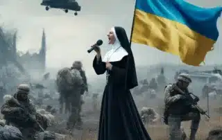 Nunna sjunger med Ukrainas flagga i krigszon.