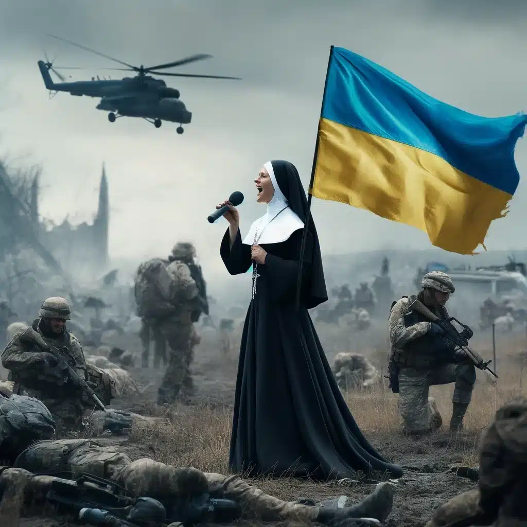 Nunna sjunger med Ukrainas flagga i krigszon.