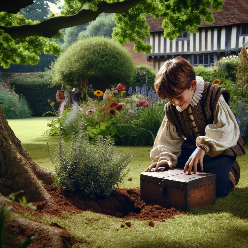 Pojke hittar skattkista i trädgården.