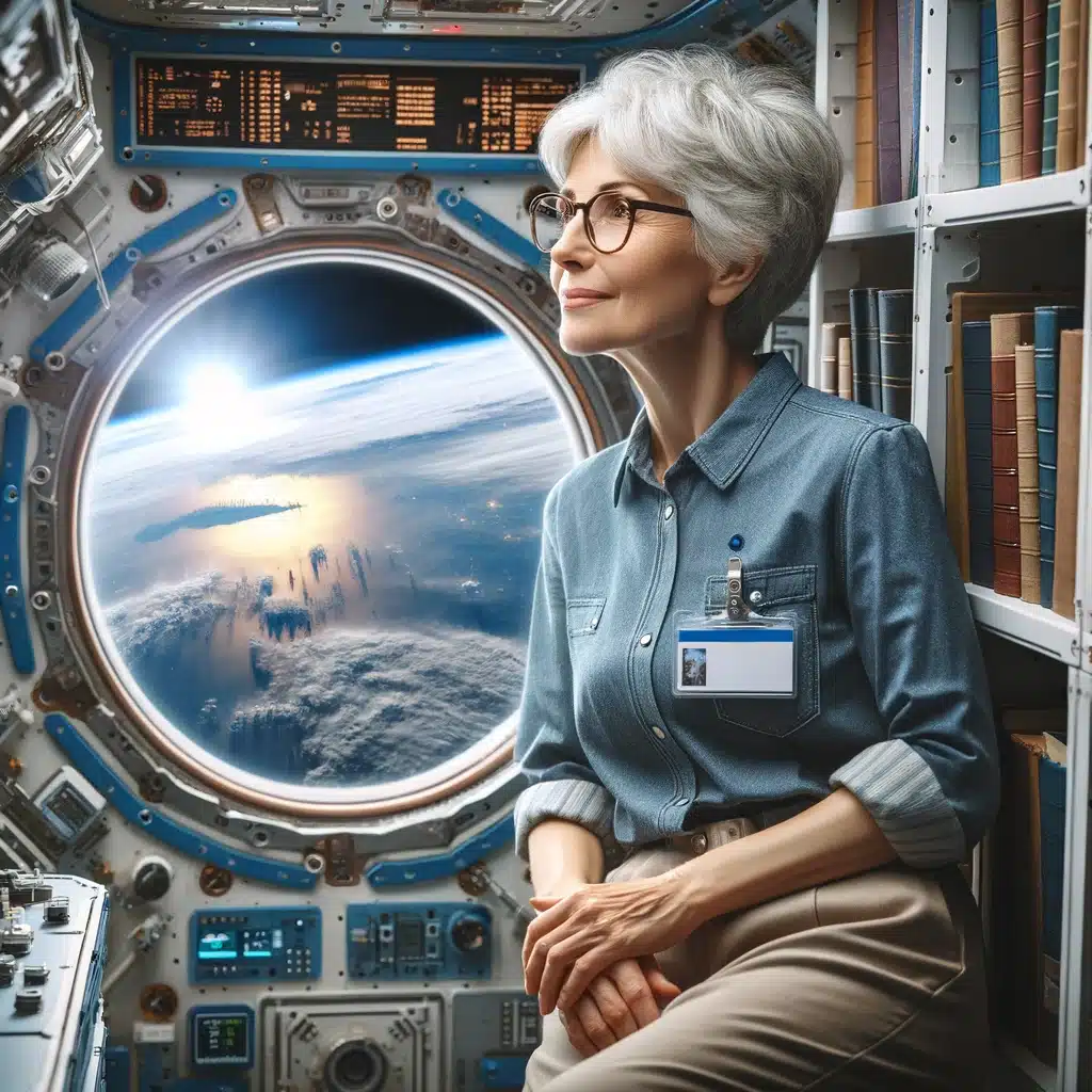 Kvinna blickar ut från rymdstationsfönster.