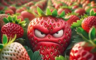 Arg jordgubbe omgiven av vanliga jordgubbar i fält.