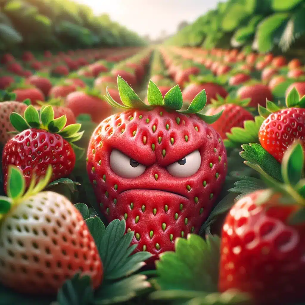 Arg jordgubbe omgiven av vanliga jordgubbar i fält.