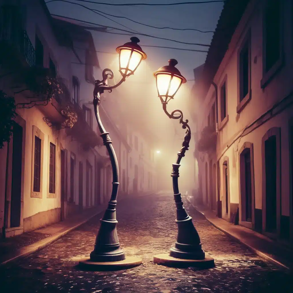 Dimmig gata med två gatlyktor om natten.