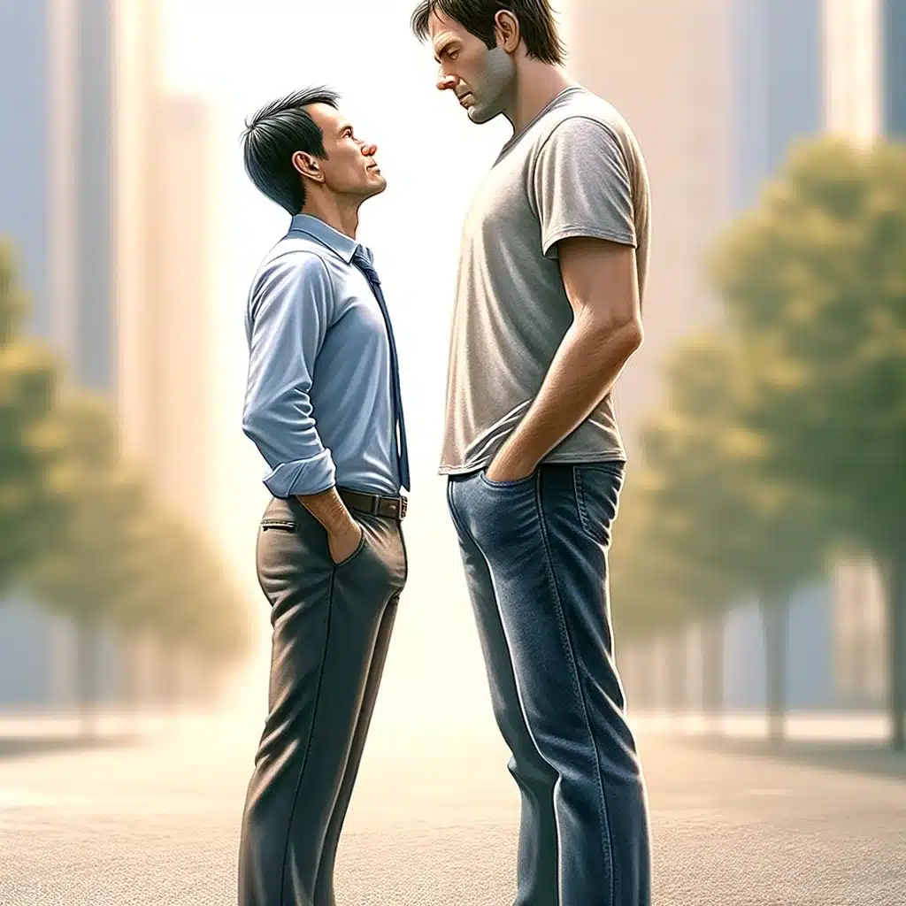Två män står och konfronterar varandra på gatan.