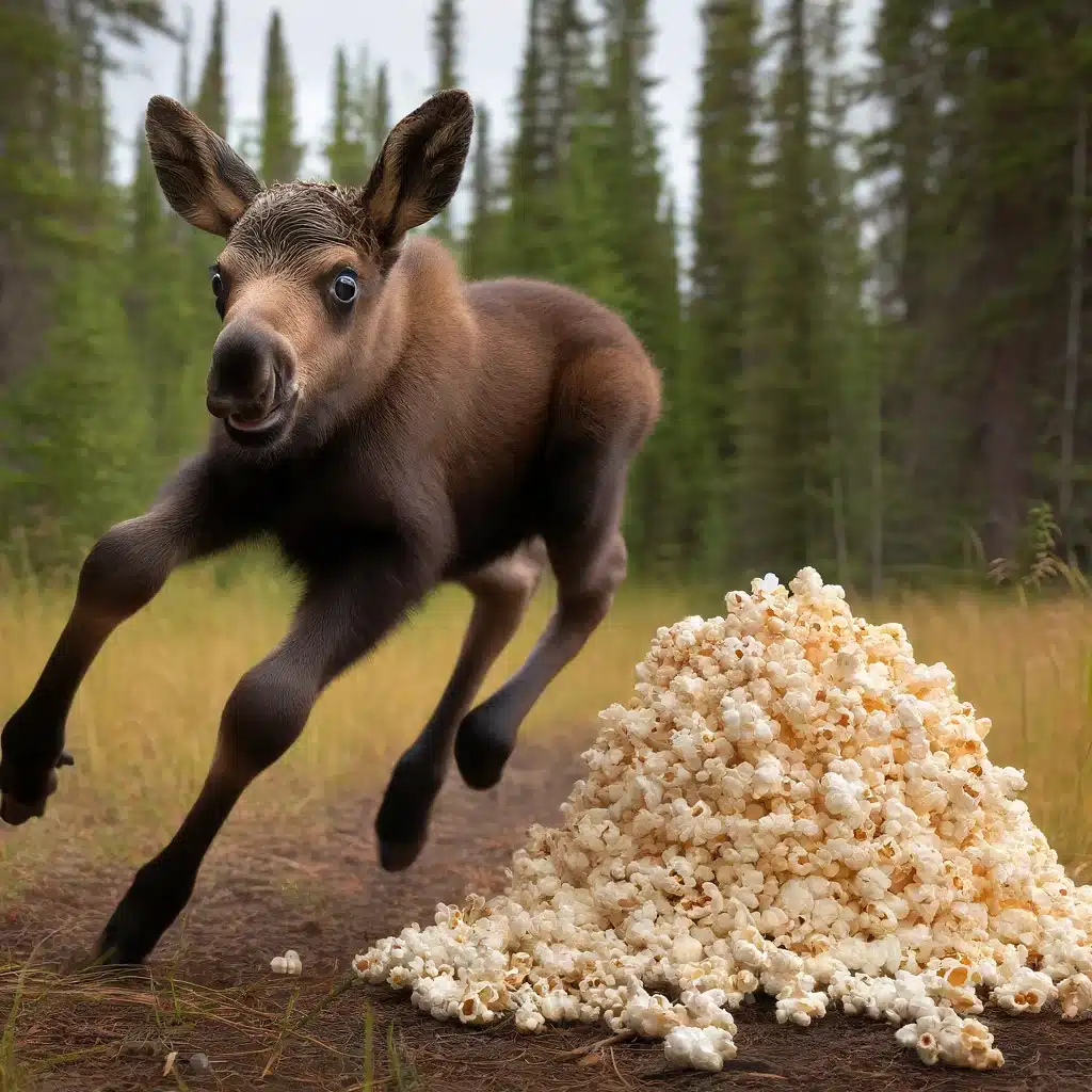 Älgkalv hoppar nära popcornhög i skogen.