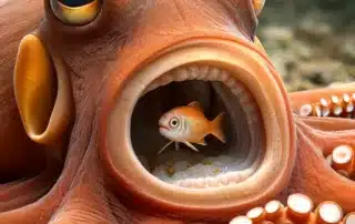Bläckfisk gapar mot liten fisk.