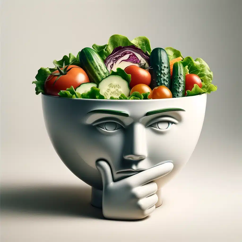 Ansiktsformad skål fylld med grönsaker.
