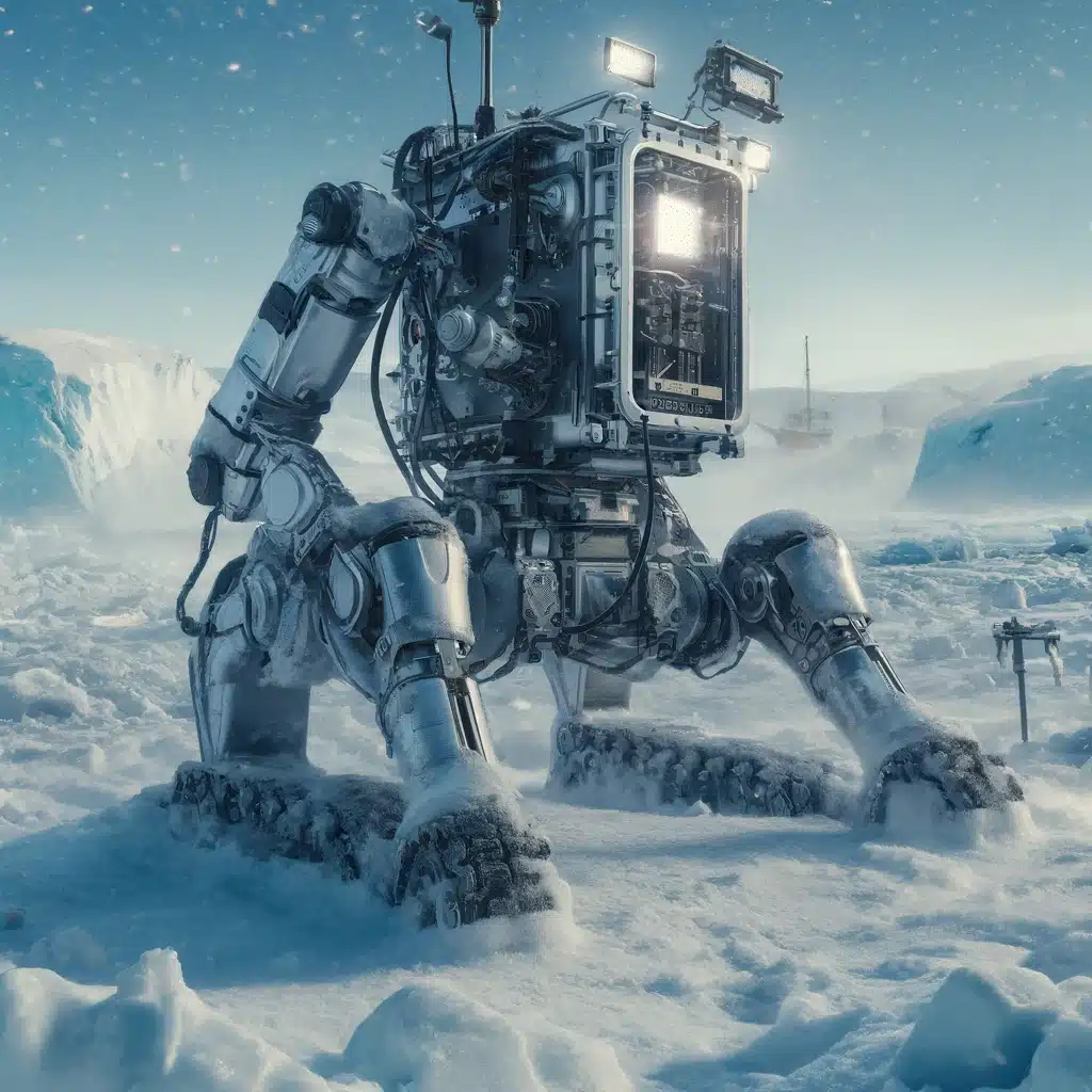Robot på snöiga marken i vinterlandskap.