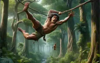Tarzan svänger i rep genom djungeln.