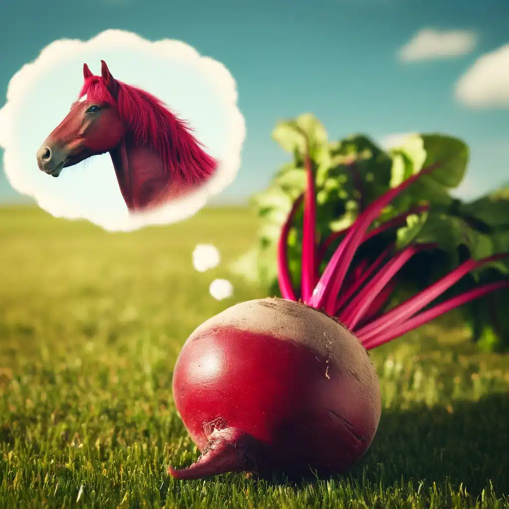 Surrealistisk bild av hästhuvud och rödbeta på gräs.