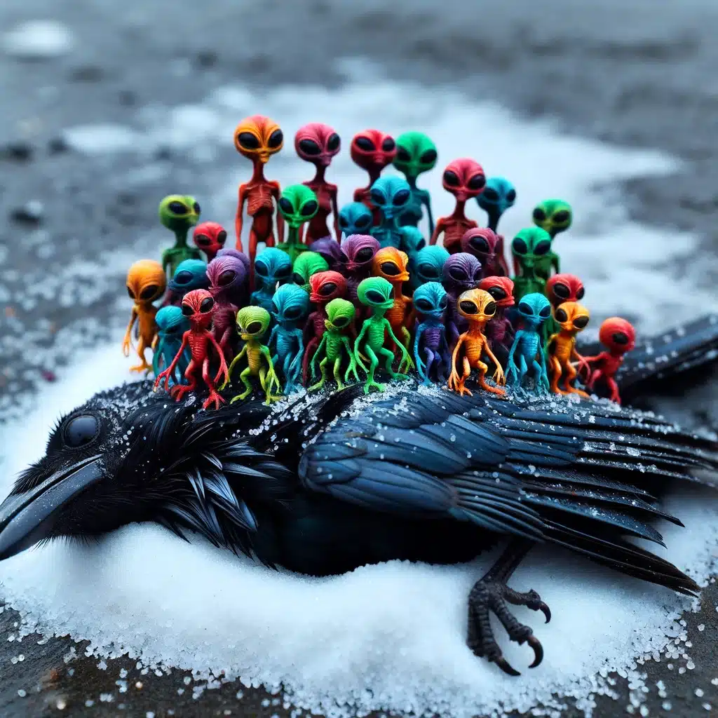 Färgglada figuriner på kråka i snö.